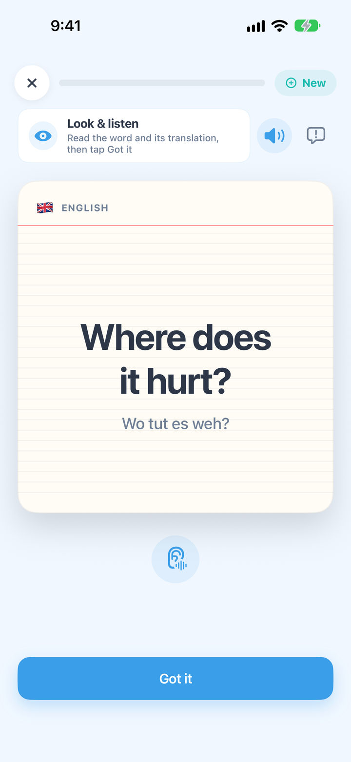 Eine CrewLingo-Karte auf Englisch: Wo tut es weh?
