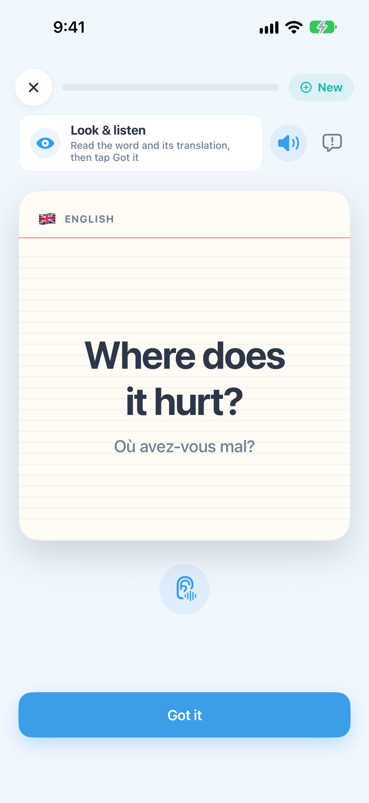 A CrewLingo card in English: Where does it hurt?