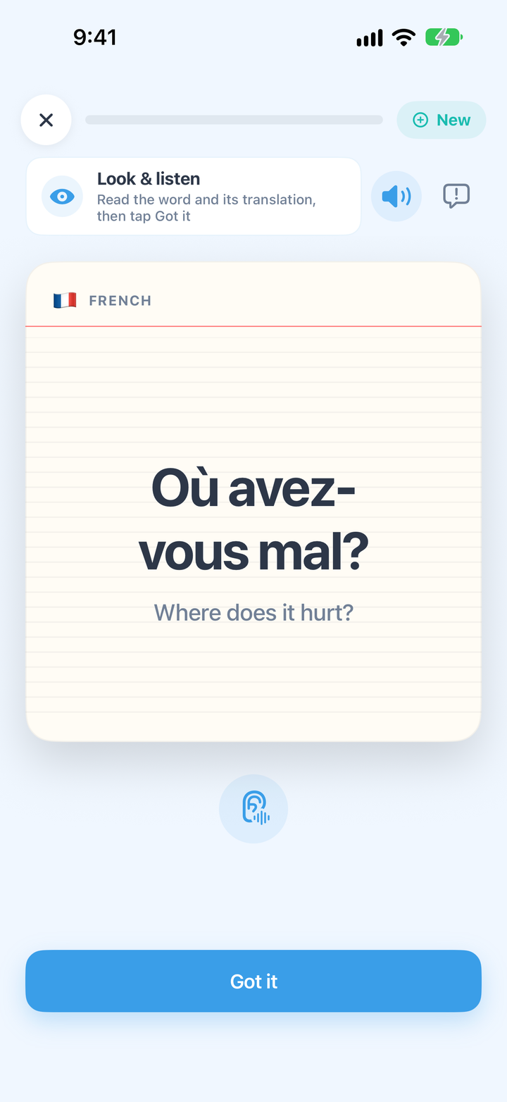 A CrewLingo card in French: Where does it hurt?