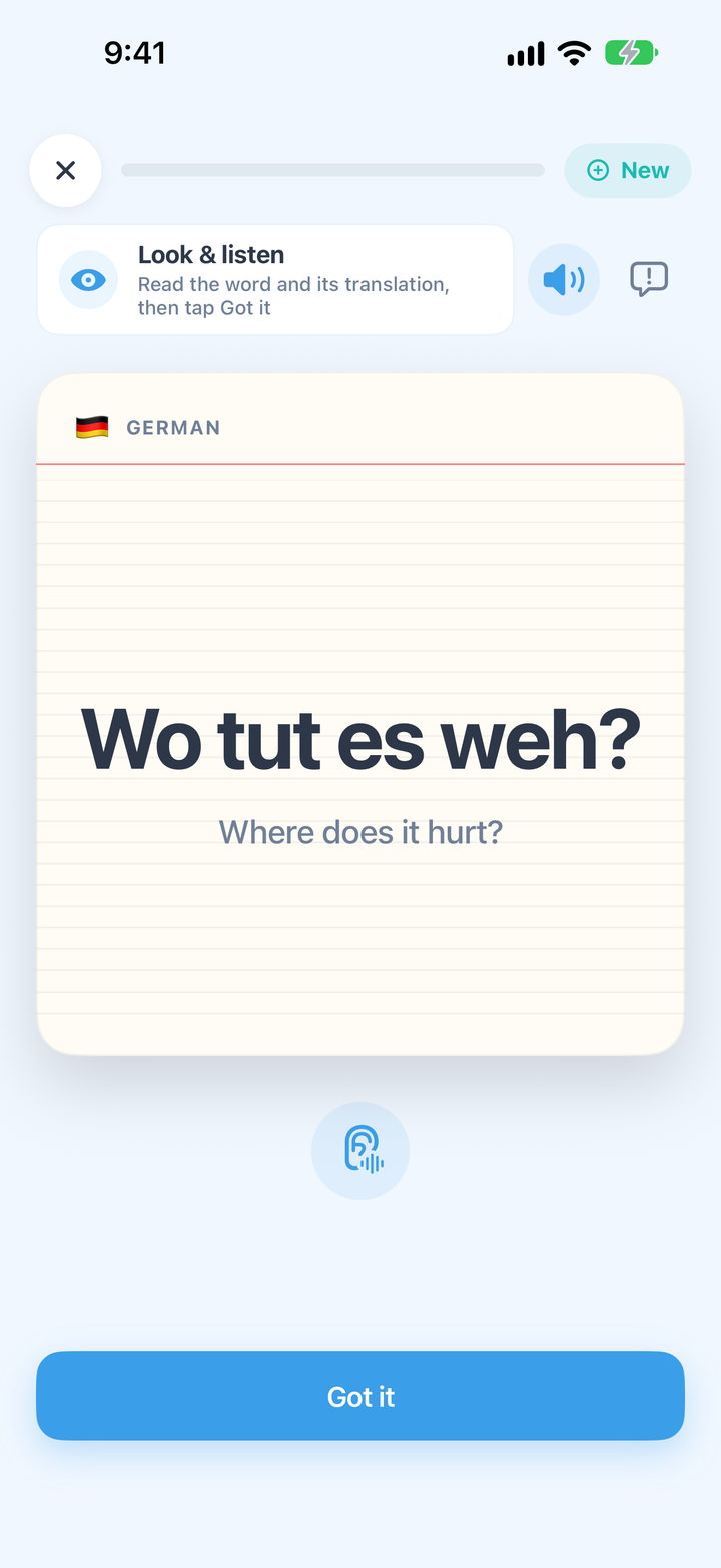 A CrewLingo card in German: Where does it hurt?