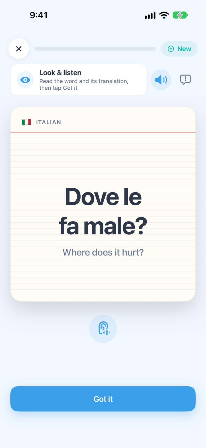 A CrewLingo card in Italian: Where does it hurt?