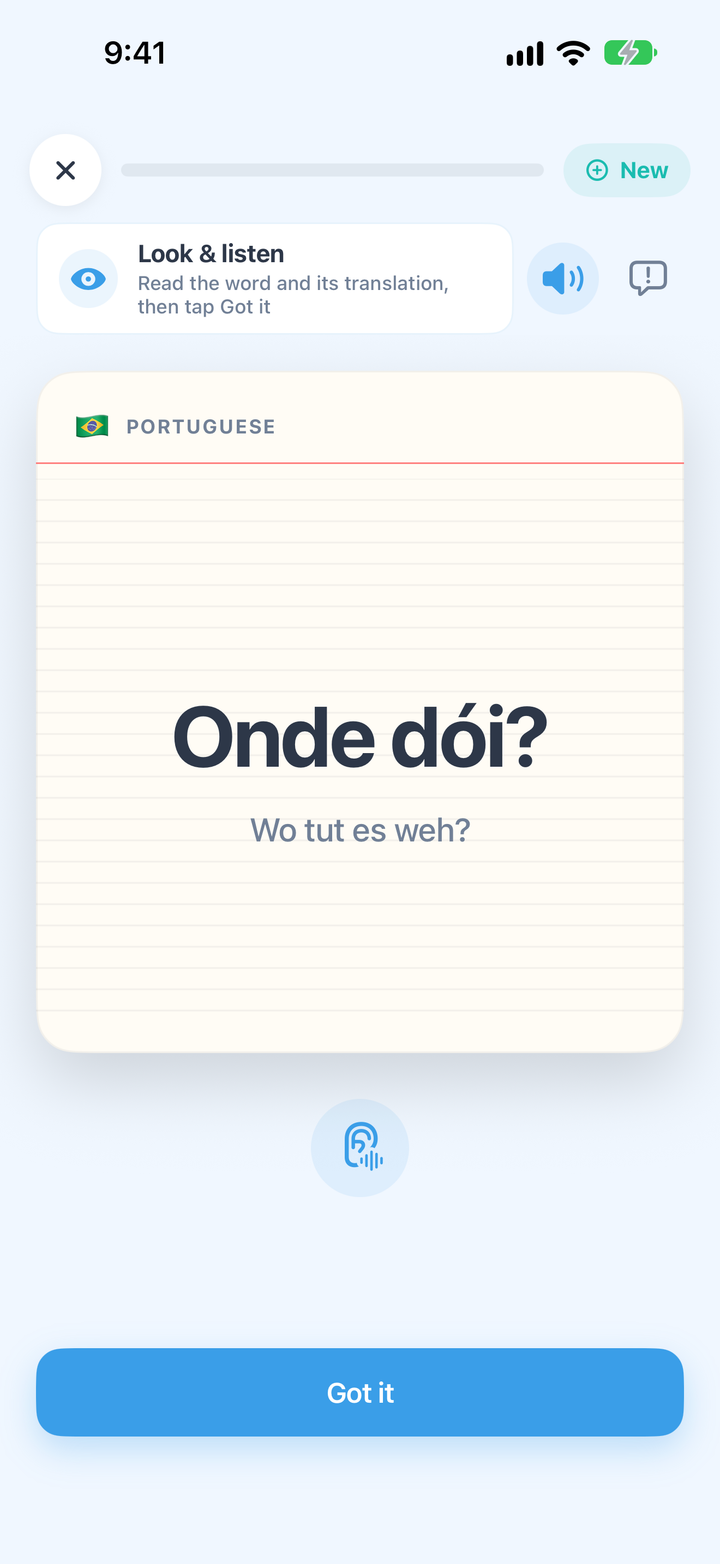 Eine CrewLingo-Karte auf Portugiesisch: Wo tut es weh?