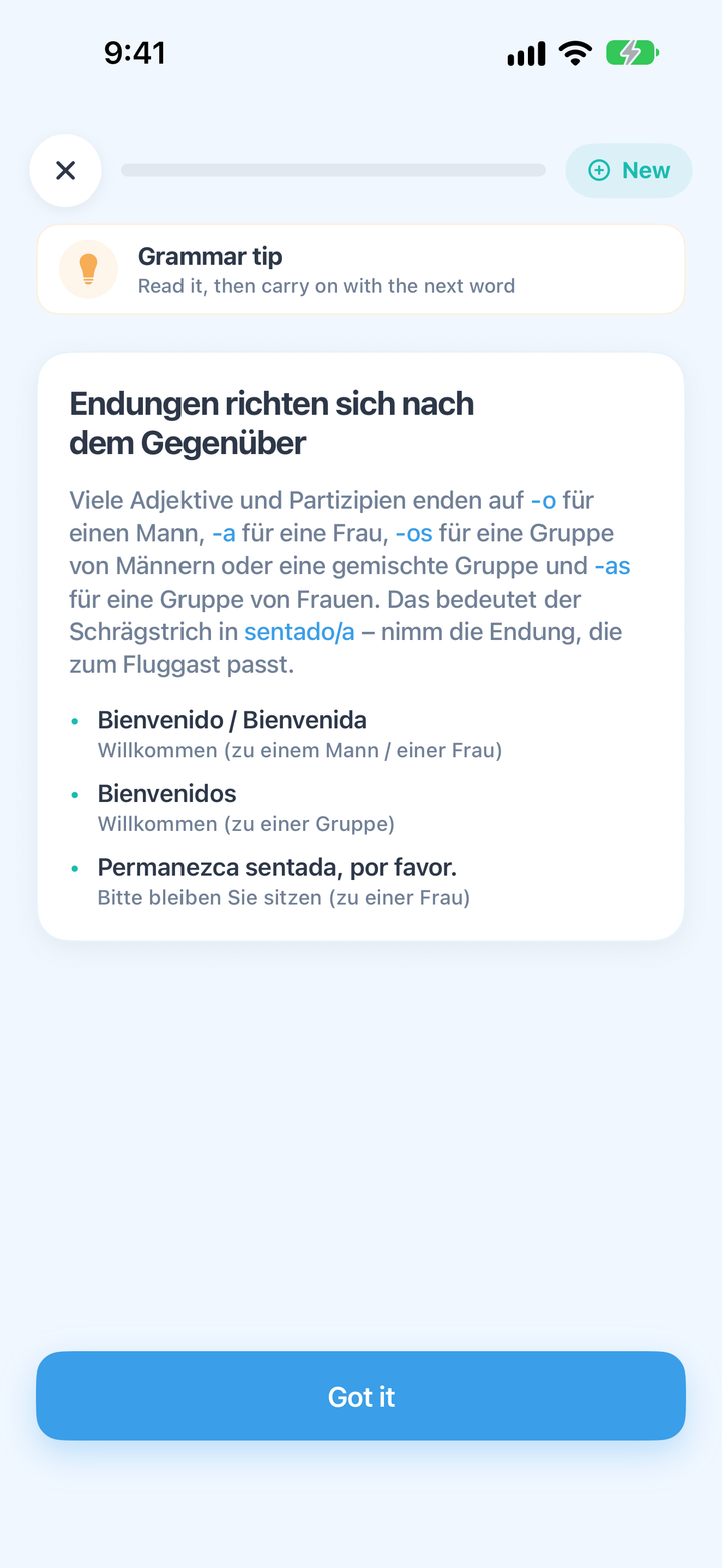Ein Grammatik-Hinweis: Endungen richten sich nach dem Gegenüber