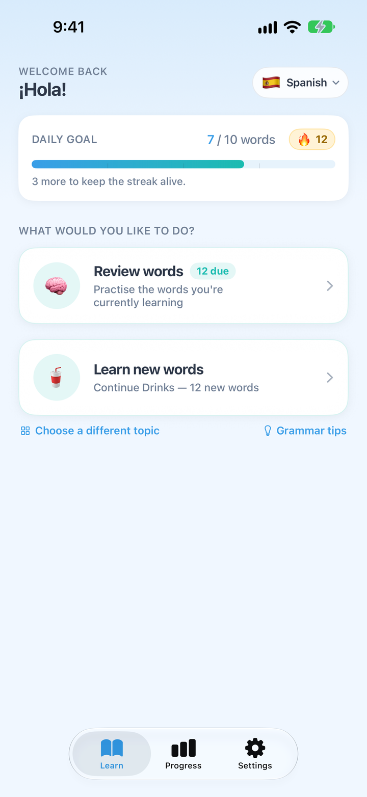 Home screen with Review words and Learn new words