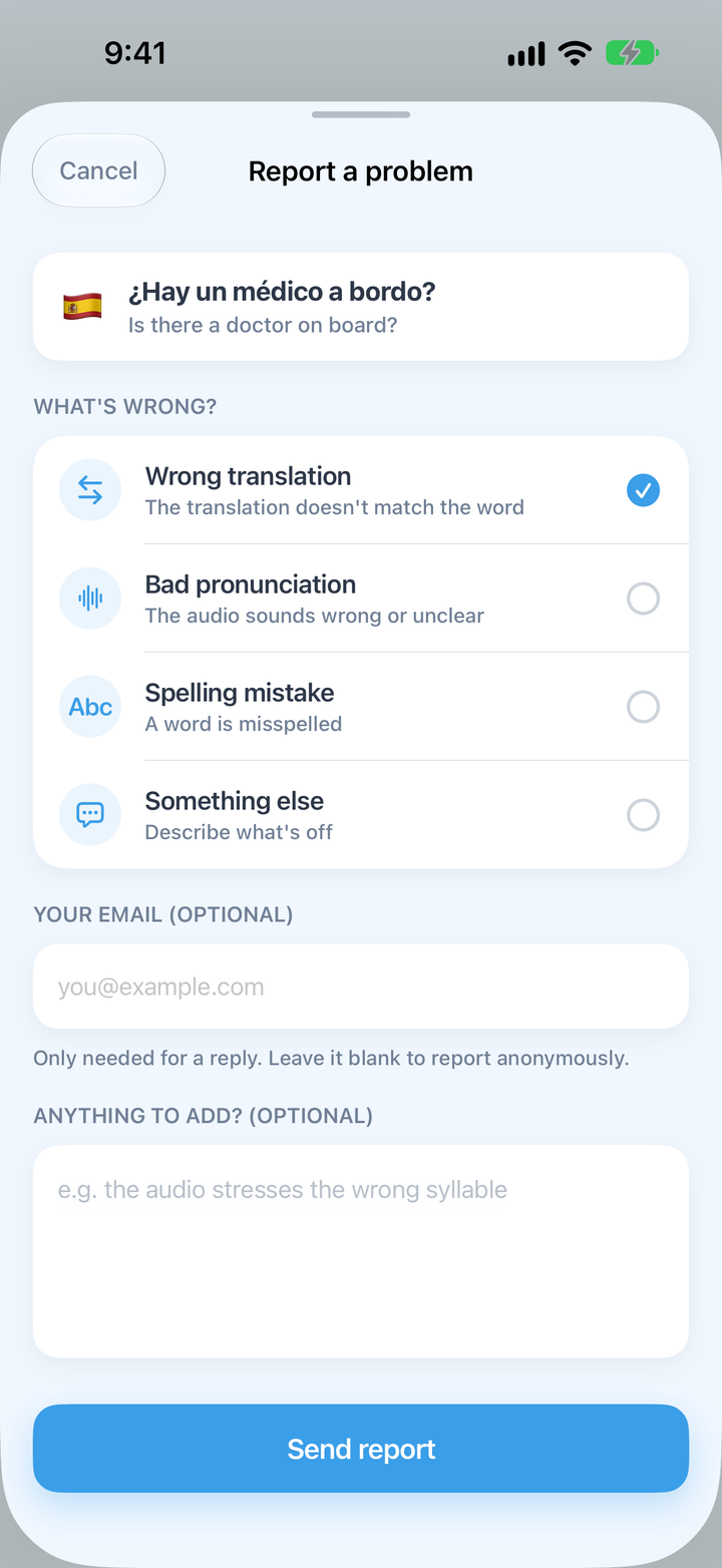 The Report a problem sheet