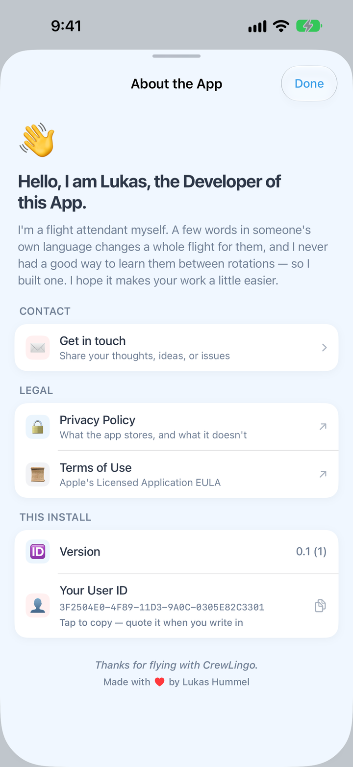 About the App, showing Your User ID